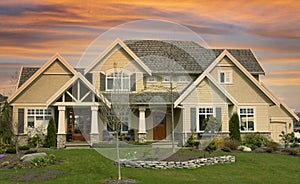 Executive Mansion House Home Mansion Dwelling Residence Front Porch Cedar Roof Exterior Sunset