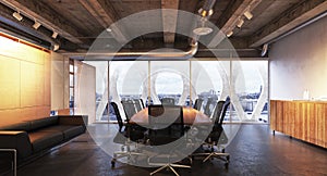 Executive modern empty business high rise office conference room overlooking a city with industrial accents photo