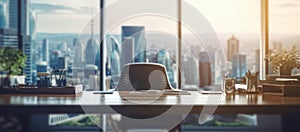 Executive Office Large Blurred Workspace in the Morning with Cityscape for Business Presentation