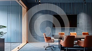 Executive paneling for a conference room with blue walls, in the style of textile installation, brutalism, japanese minimalism AI