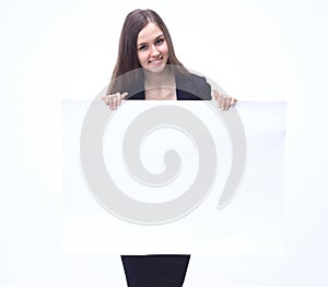 Executive`s young business woman showing blank banner.