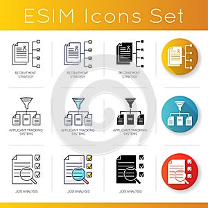 Executive search icons set. Linear, black and RGB color styles. Recruitment strategy, applicant tracking system and job