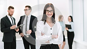 Executive serious businesswoman standing in the lobby office