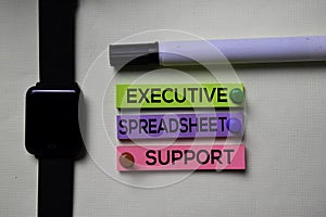 Executive Spreadsheet Support - ESS text on sticky notes isolated on office desk