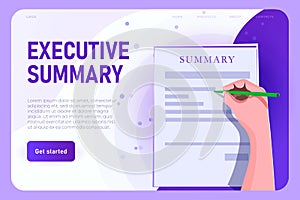 Executive summary illustration concept, landing page template. Hand with pen signing the contract, hiring concept