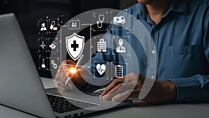 Artificial intelligence healthcare data analysis and digital medical technology concepts with medical professionals working on