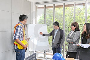 Executives are explaining plans on a whiteboard. Confident boss