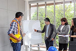 Executives are explaining plans on a whiteboard. Confident boss