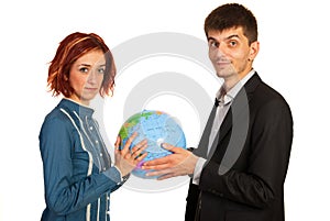 Executives holding world globe