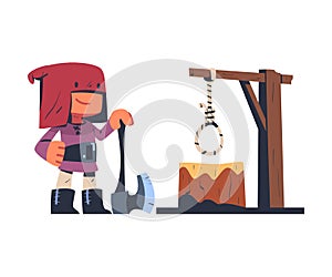 Executor or Headsman from Middle Age Wearing Red Hat with Sharp Axe Vector Illustration