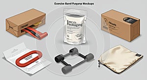 Exercise band and packaging mockups include various designs