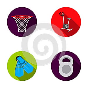 Exercise bike with a counter, fins for swimming, a weight, a basketball basket. Sport set collection icons in flat style