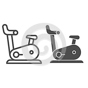 Exercise bike line and glyph icon. Gym bicycle vector illustration isolated on white. Fitness outline style design