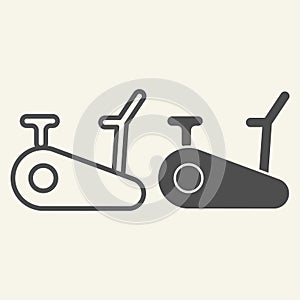 Exercise bike line and solid icon. Exercycle outline style pictogram on beige background. Stationary fitness bike for