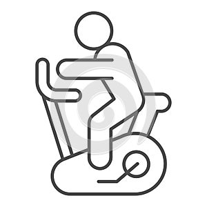 Exercise bike line and solid icon. Stationary fitness cycle with athlete symbol, outline style pictogram on white