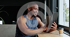 Exercise, black man and tablet with typing, internet and connection with workout post or blog for fitness. Person, relax