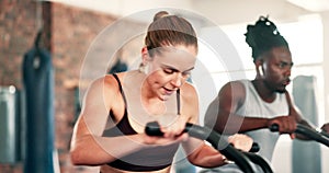Exercise, cardio and woman on machine in gym for intense workout, training and fitness for healthy body. Sports