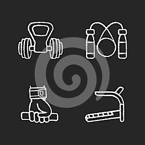 Exercise equipment chalk white icons set on black background