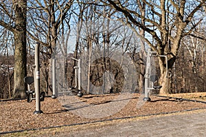 Exercise equipment on a trail in Highland Park, a city park in Pittsburgh, Pennsylvania, USA