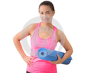 Exercise fitness woman ready for workout standing holding yoga m