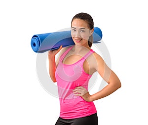 Exercise fitness woman ready for workout standing holding yoga m