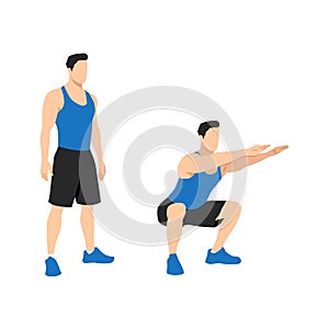 Exercise guide by man doing air squat in 2 steps