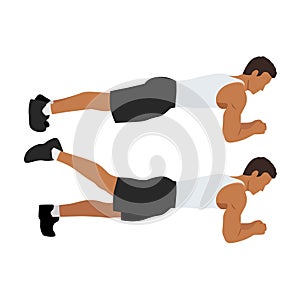 Exercise guide by Man doing Plank leg raises in 2 steps. Flat vector