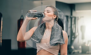 Exercise health, gym and woman drinking water for sports thirst hydration, fitness performance or running workout