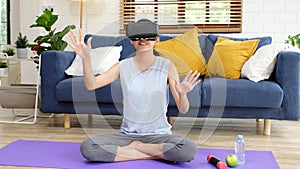 Exercise at home, e sport, Happy asian girl playing vr while workout fitness, Healthy asia woman wearing virtual reality headset