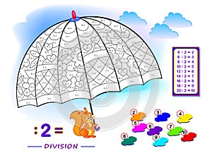 Exercise for kids with division by number 2. Paint the illustration. Educational page for mathematics baby book. Printable