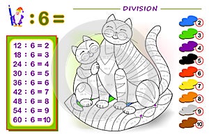 Exercise for kids with division by number 6. Paint the cats. Educational page for mathematics baby book.