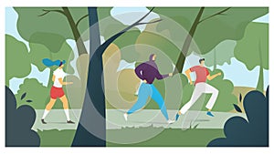 Exercise lifestyle for jogging sport people in park, vector illustration. Healthy active fitness outdoor. Young runner