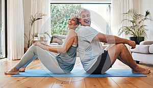 Exercise, living room and happy senior couple stretching together on yoga mat on the floor. Fitness, pilates and elderly