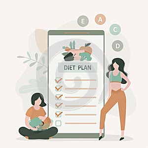Exercise and nutrition program plan in mobile application. Female characters adhere to healthy diet
