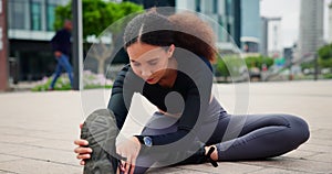 Exercise, running and woman stretching in the city, getting ready for exercise or workout for cardio. Fitness, training