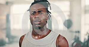 Exercise, sweating and breathing with black man in gym to rest from workout for health or cardio. Fitness, portrait and