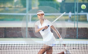 Exercise, tennis sports and woman on court outdoors for match, game or competition. Training, summer and female athlete