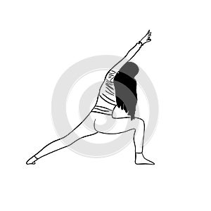Exercise to the side with the arm raised. Silhouette of a girl on a white background, black lines.