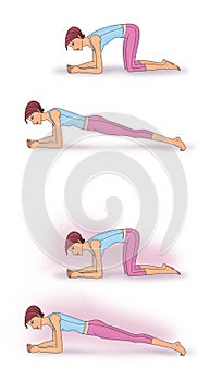 Exercise to strengthen the abdominal. Girl standing on her knees doing exercise transition in the bar with a support on the forear