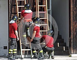 Exercise and training of firefighters in the fire station with w