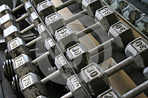 Exercise weights in rack