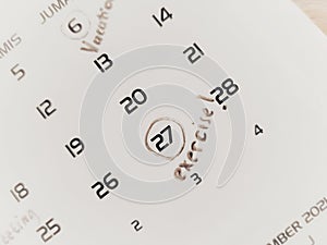 exercise word written on calendar - friday the 27th
