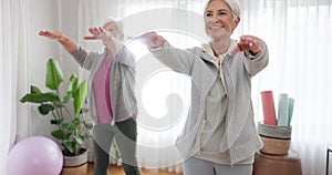 Exercise, yoga and elderly woman friends in a home studio to workout for health, wellness or balance. Fitness, squat and