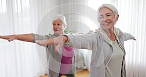 Exercise, yoga and senior woman friends in a home studio to workout for health, wellness or balance. Fitness, zen and