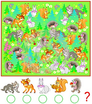 Exercise for young children. Need to count the animals in the forest and write the corresponding numbers in circles.