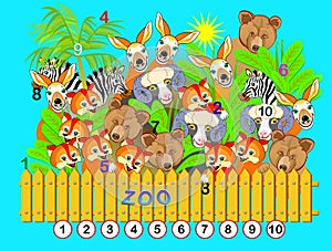 Exercise for young children. Need to find the numbers from 1 till 10 hidden in the picture between animals. Logic puzzle game.