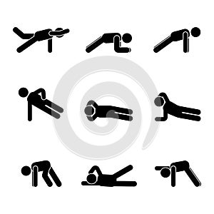 Exercises body workout stretching man stick figure. Healthy life style vector illustration pictogram.