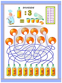 Exercises for kids with division table by number 3. Solve examples and write answers on oranges.