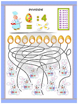 Exercises for kids with division table by number 4. Solve examples and write answers on eggs.