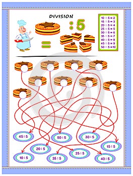 Exercises for kids with division table by number 5. Solve examples and write answers on cakes.